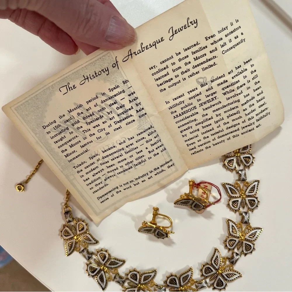 Art deco Gold Plated Spanish Damascene Butterfly vintage Necklace Earring set